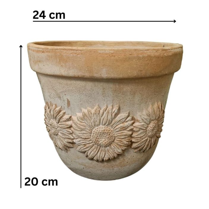 ITALIALAINEN SAVIRUUKKU 'Auringonkukka' 24 cm Kukkakuvioinen, rustiikkinen terrakottaruukku / VAIN NOUTO!