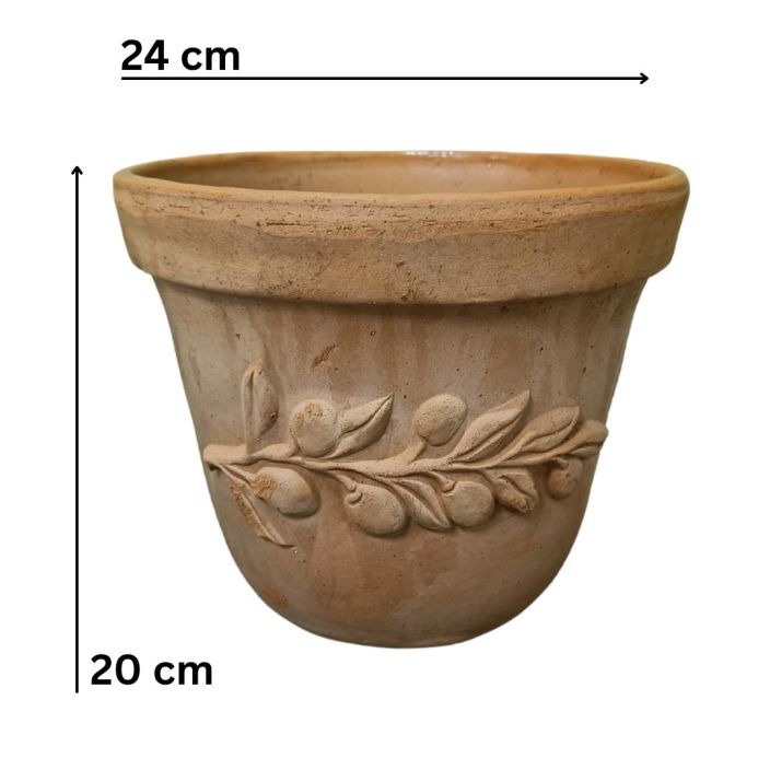 ITALIALAINEN SAVIRUUKKU 'Oliivi' 24 cm Oliivinoksalla kohokuvioitu, rustiikkinen terrakottaruukku / VAIN NOUTO!